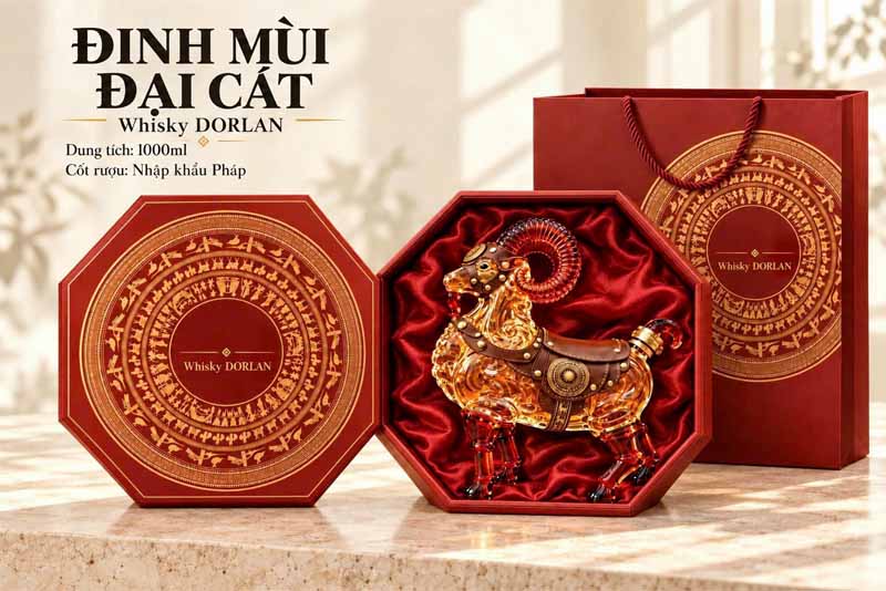 Hộp quà Tết Đinh Mùi Đại Cát Whisky Dorlan 1000ml nhập khẩu Pháp